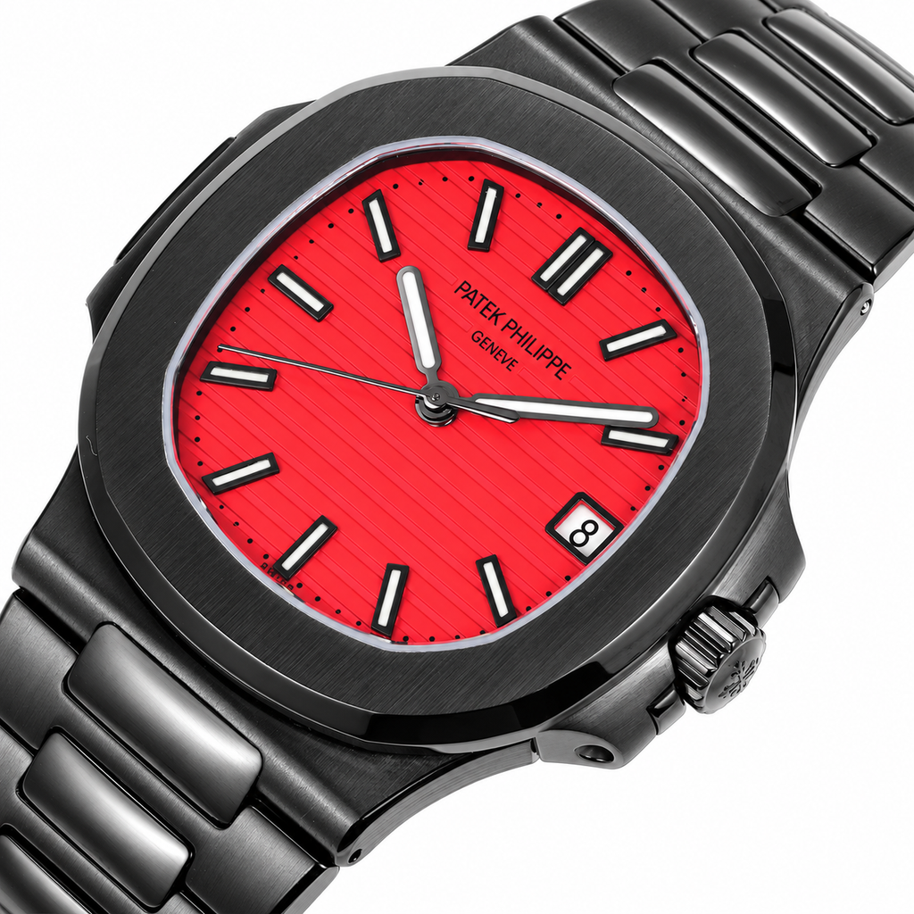 Patek Philippe Nautilus Custom DLC Black Red Dial Steel Bracelet 40mm