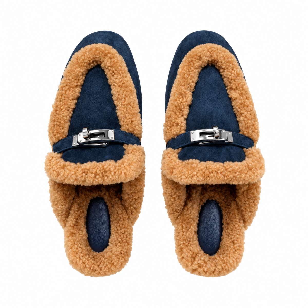 Hermès Navy Mules with Plush Trim & Silver-Tone Hardware