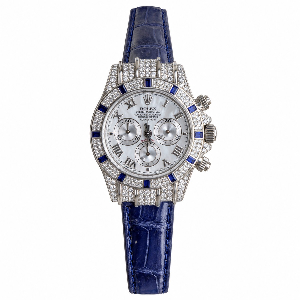 Rolex Cosmograph Daytona White Gold Diamond Pavé Blue Sapphire Bezel Blue Alligator Watch