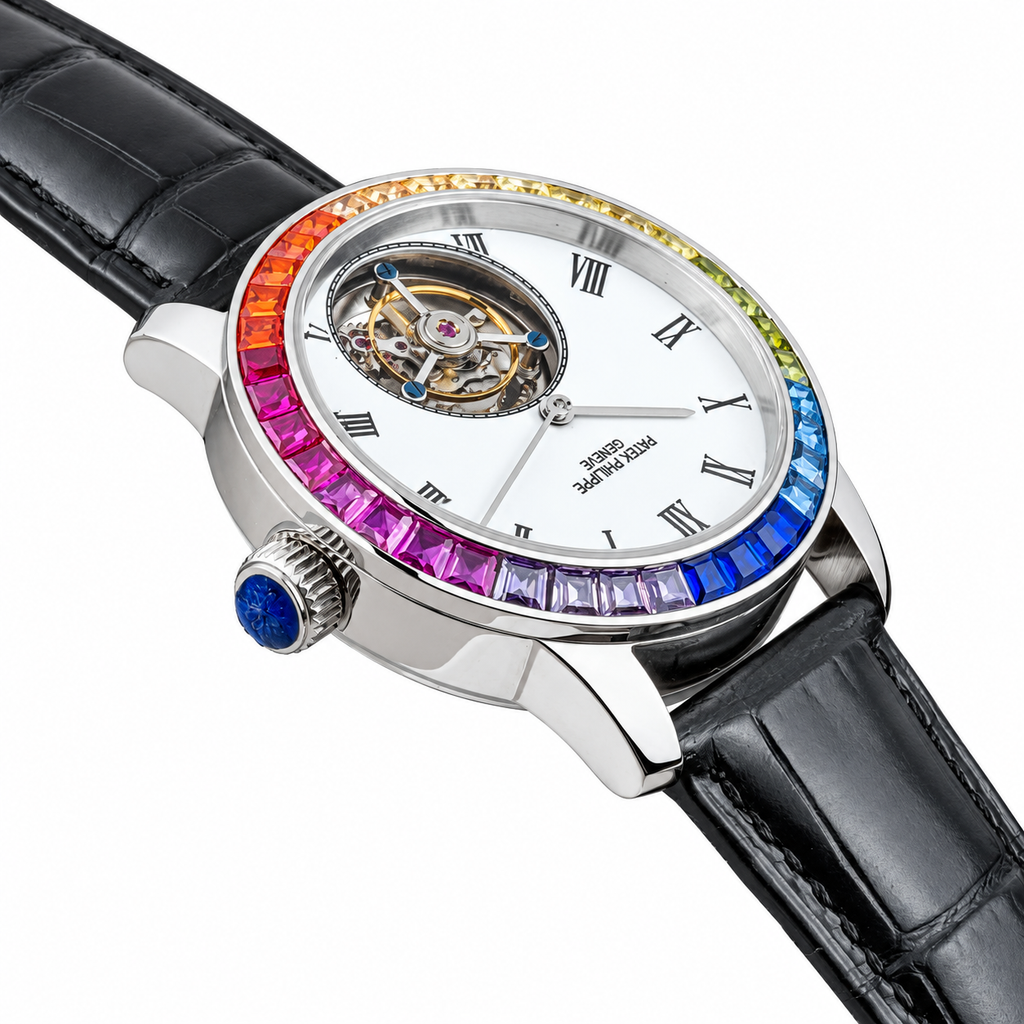 Patek Philippe Calatrava Tourbillon Rainbow Sapphire White Enamel Dial 42mm