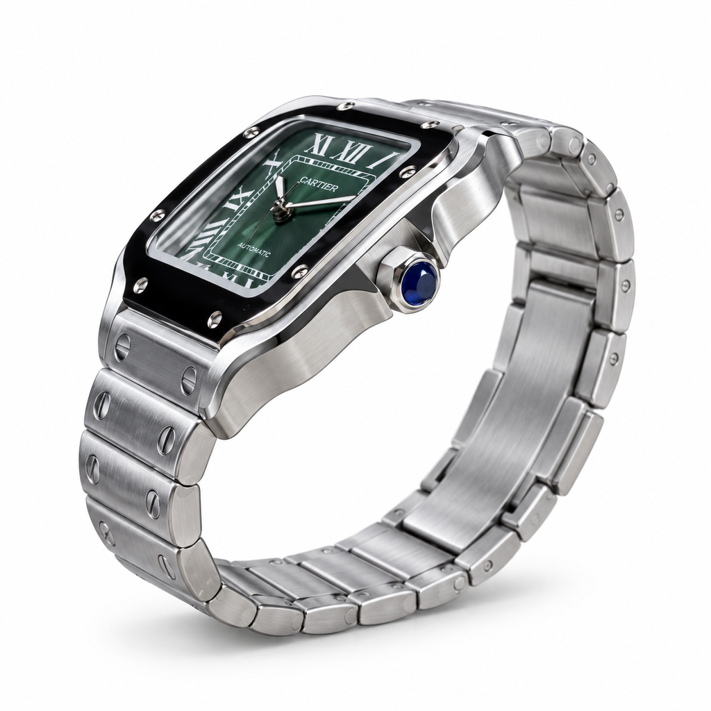 Cartier Santos de Cartier Large Stainless Steel Green Dial Roman Numeral Steel Bracelet Automatic Watch