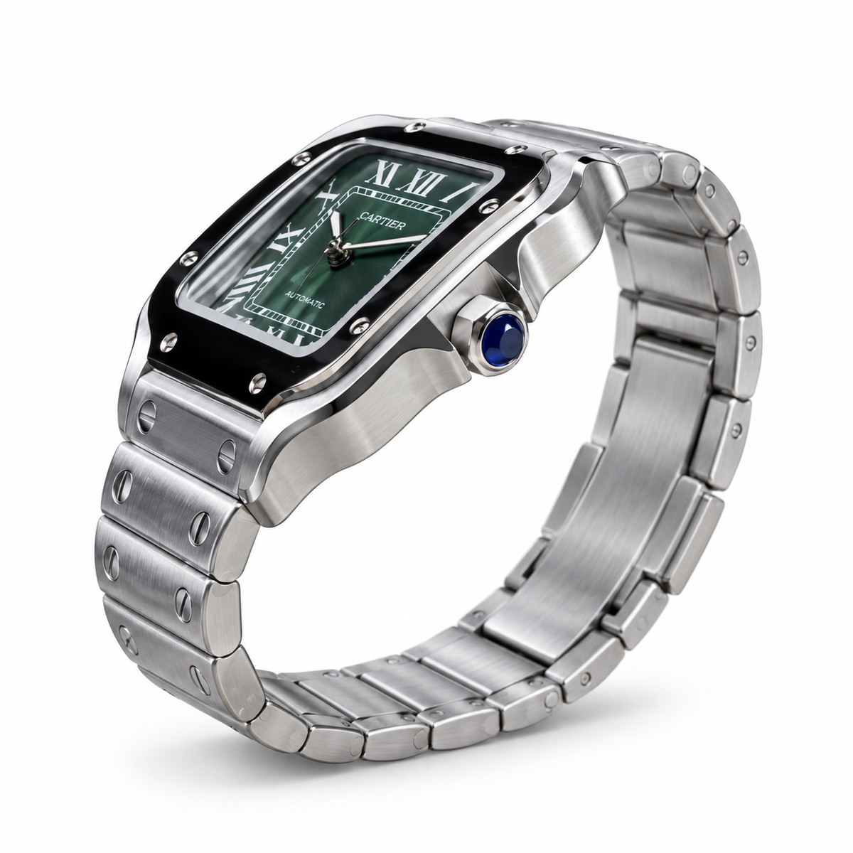 Cartier Santos de Cartier Large Stainless Steel Green Dial Roman Numeral Steel Bracelet Automatic Watch