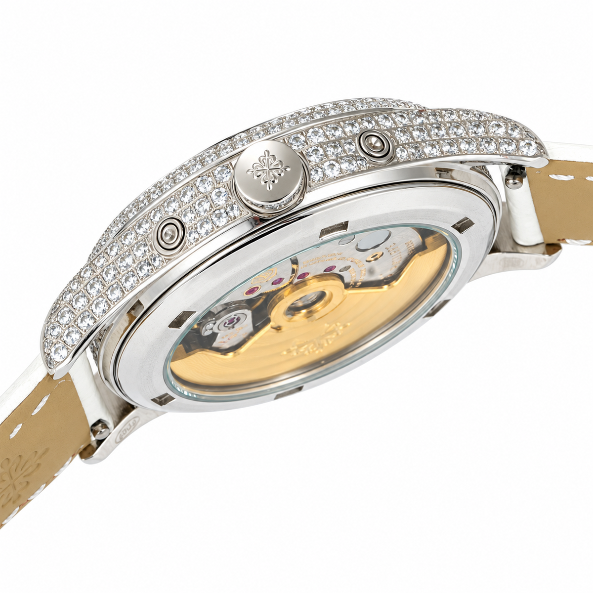 Patek Philippe Ladies White Gold Full Diamond Case Annual Calendar Moon Phase MOP Dial Arabic Numerals 38mm