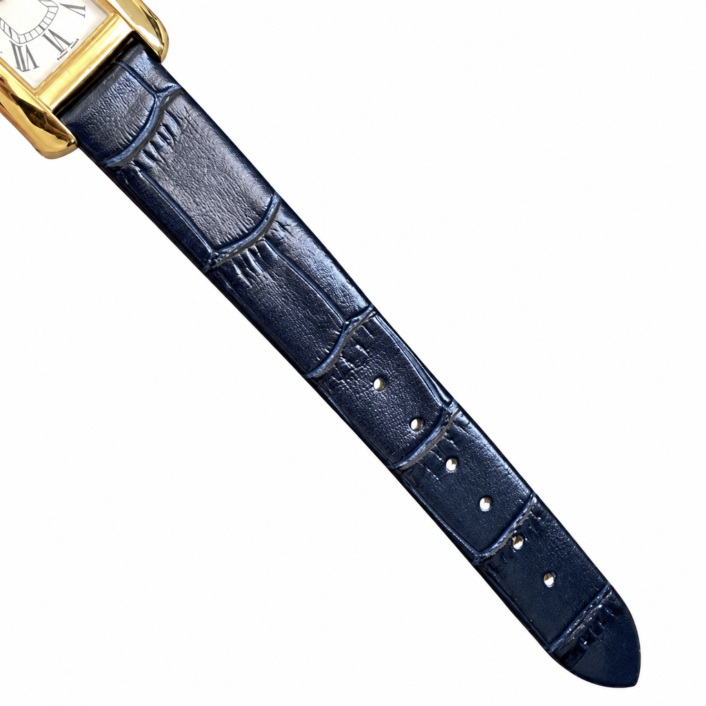 Cartier Tank Must Yellow Gold White Dial Navy Blue Alligator Strap Watch