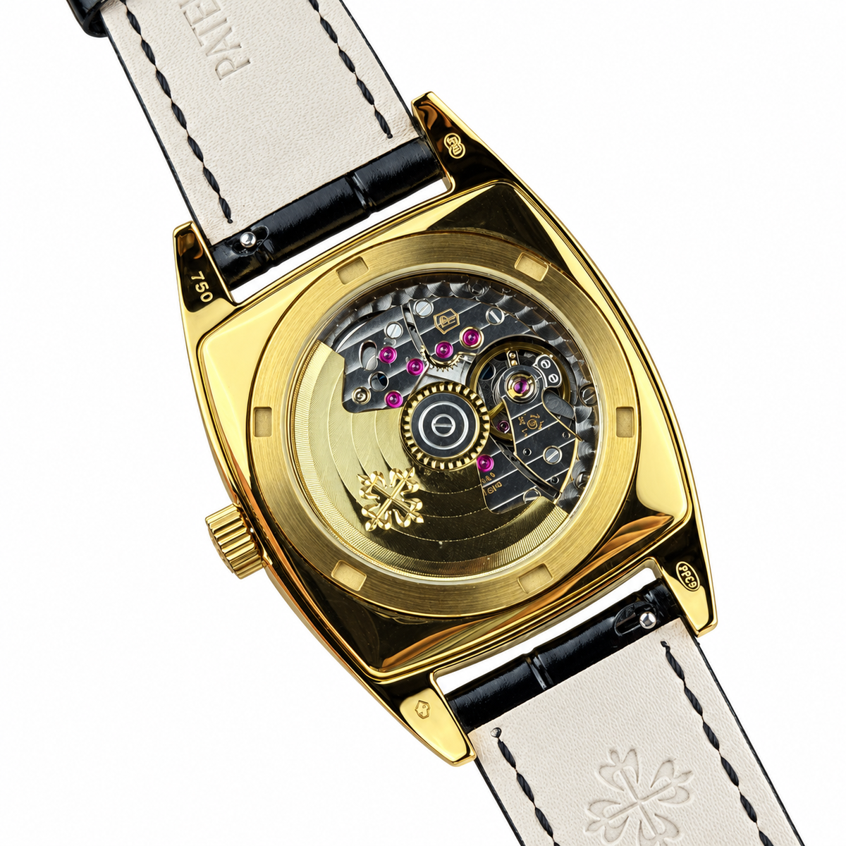 Patek Philippe Gondolo Cushion Yellow Gold Moon Phase Day Date Month Silver Dial Black Strap 34mm