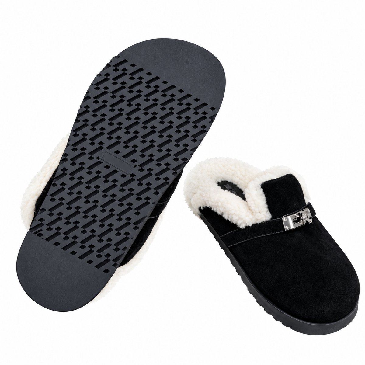 Hermès Black Mule Shoes with Cream Plush Lining