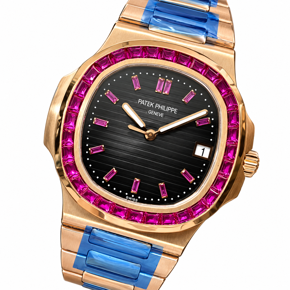 Patek Philippe Nautilus Rose Gold Ruby Baguette Black Dial Blue PVD Links