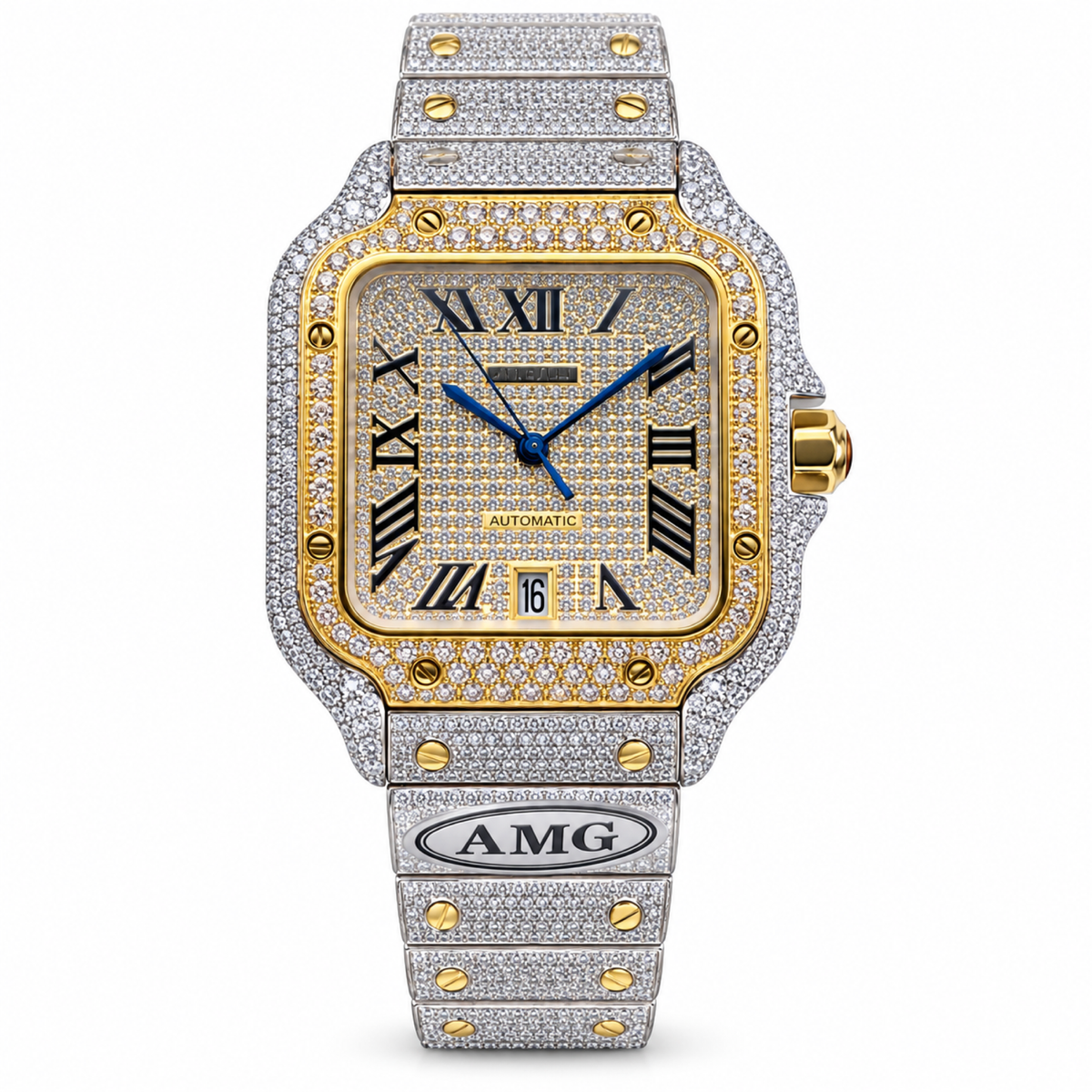 Cartier Santos Iced Out Full Pavé Diamond Two-Tone Yellow Gold Steel Automatic Luxury Watch Swiss Made
