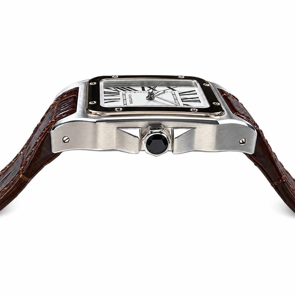 Cartier Santos 100 Steel Rose Gold Bezel White Dial Brown Alligator Watch