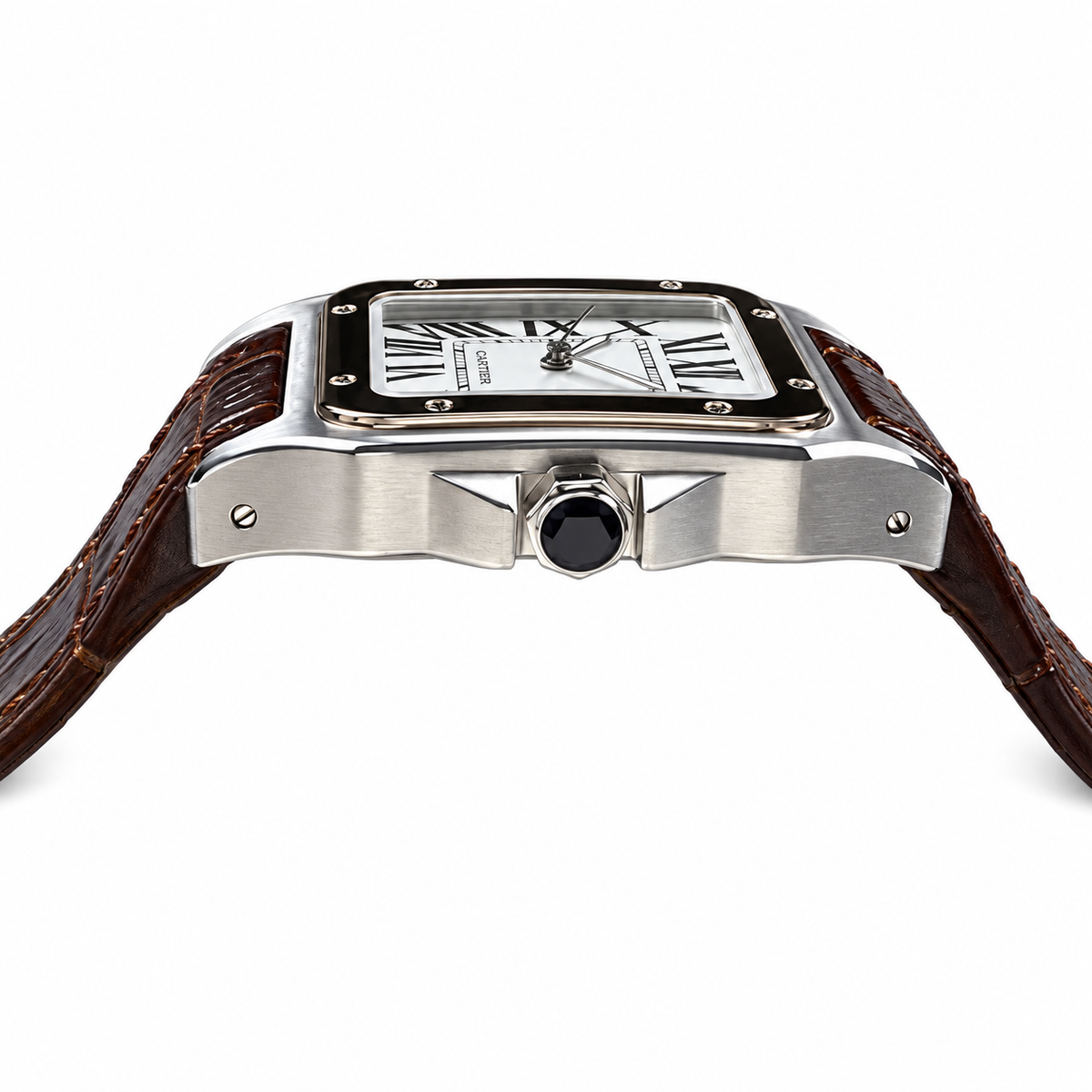 Cartier Santos 100 Steel Rose Gold Bezel White Dial Brown Alligator Watch