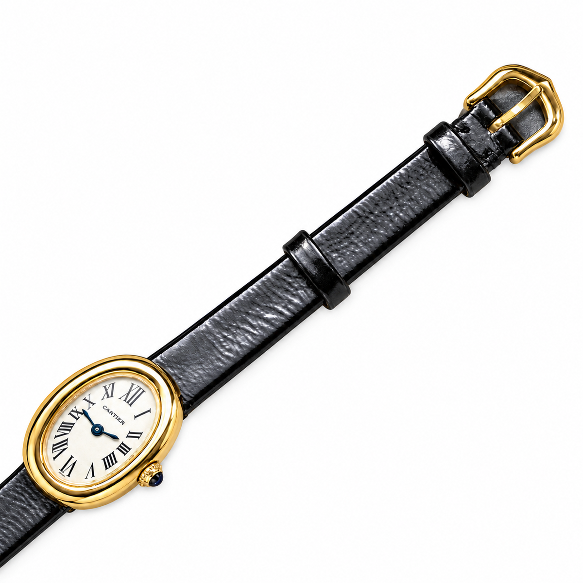 Cartier Baignoire Small 18k Yellow Gold Ivory Dial Black Leather Strap Watch