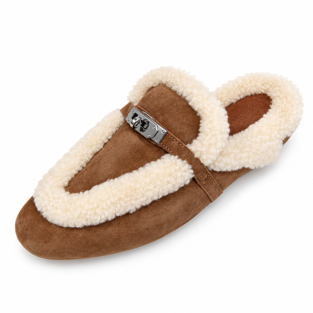 Hermès Tan Mules with Cream Plush Trim & Silver-Tone Hardware