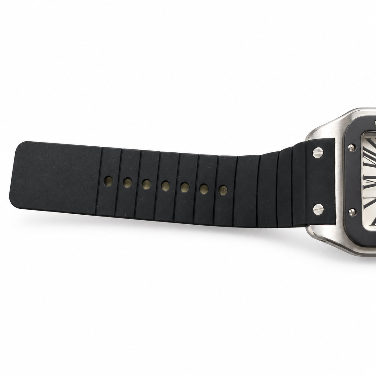 Cartier Santos 100 XL Stainless Steel Black Rubber Bezel White Dial Roman Numeral Black Rubber Strap Automatic Watch