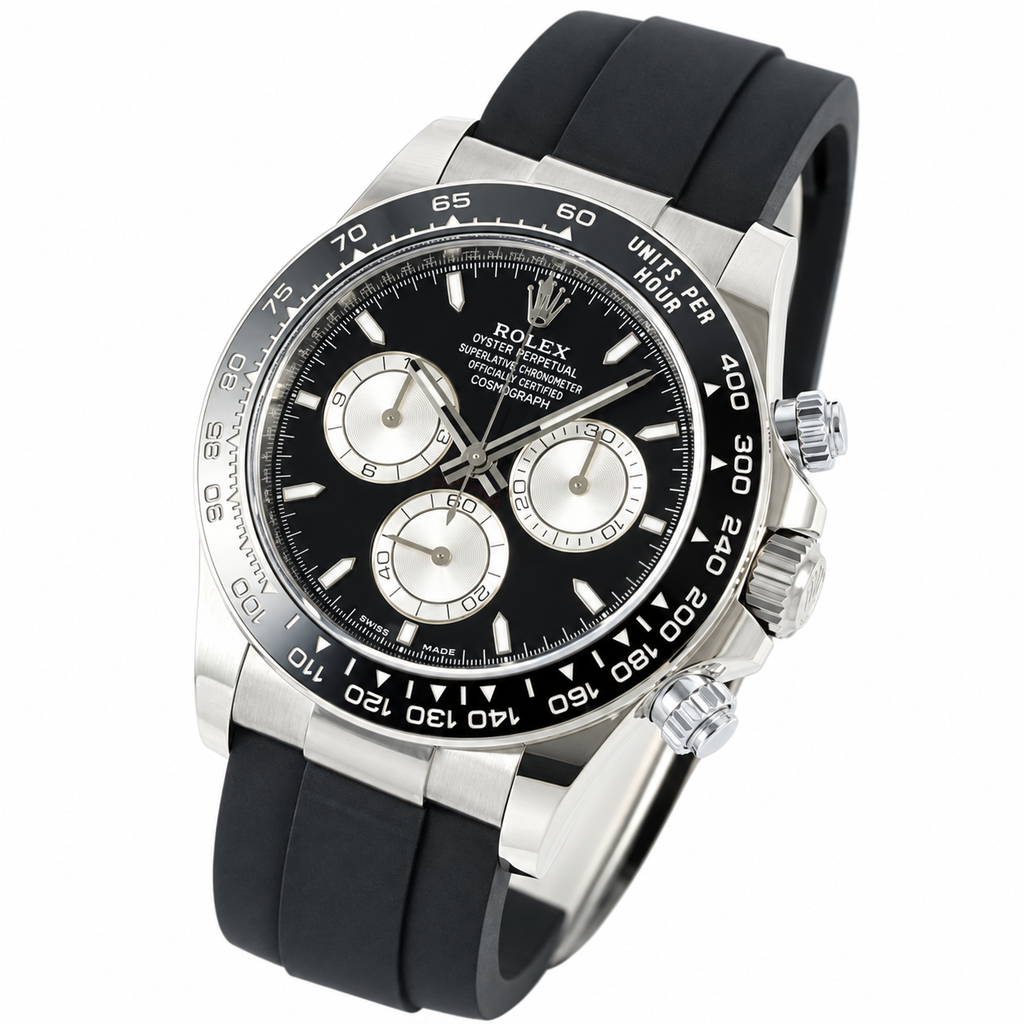 Rolex Cosmograph Daytona White Gold Black Ceramic Bezel Black Dial Silver Sub-dials Oysterflex Watch