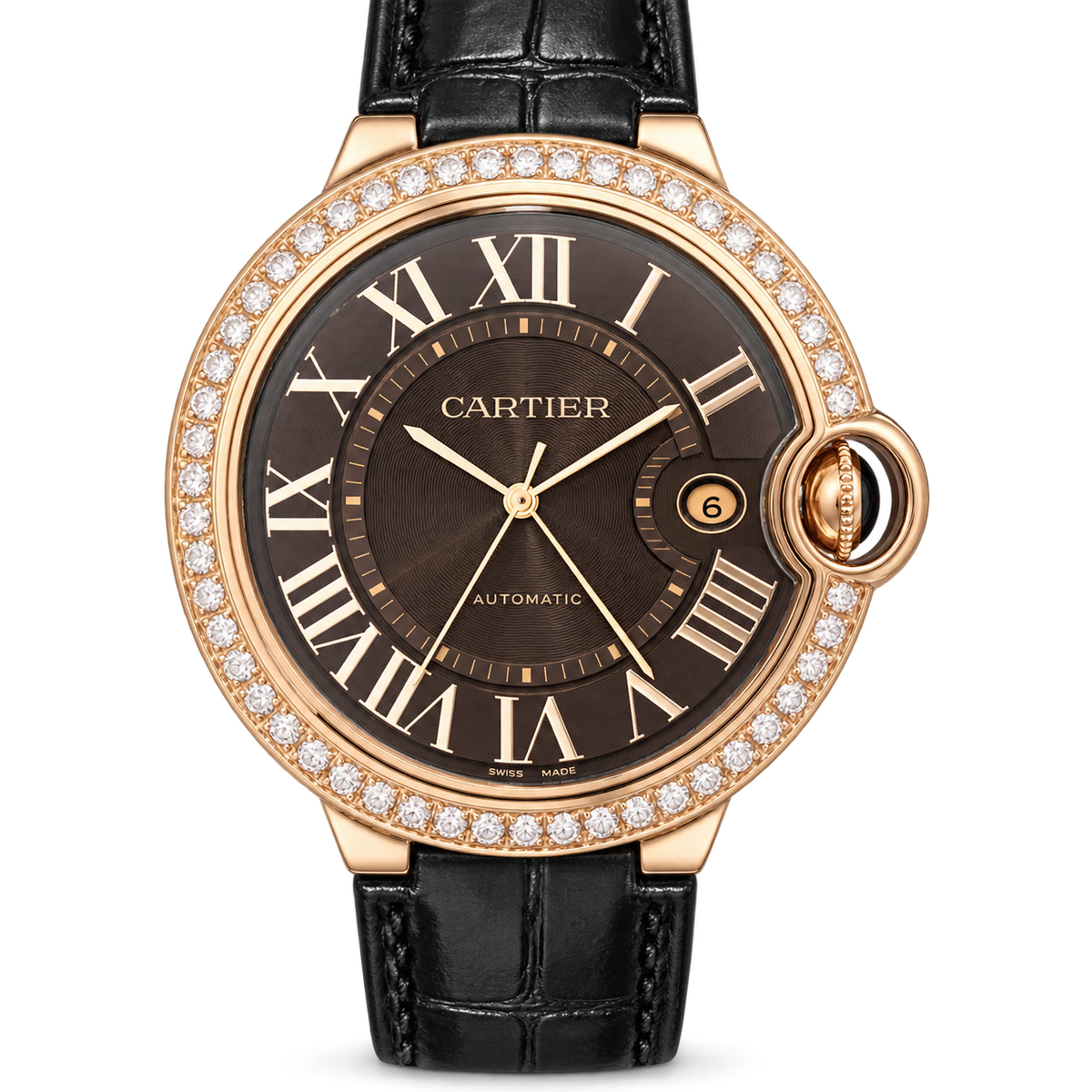 Cartier Ballon Bleu de Cartier Rose Gold Diamond Bezel Chocolate Dial Black Alligator Watch