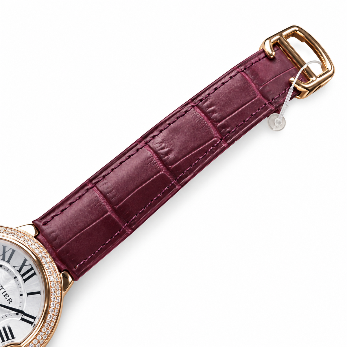 Cartier Ballon Bleu Rose Gold Diamond Bezel Silver Dial Purple Alligator Watch