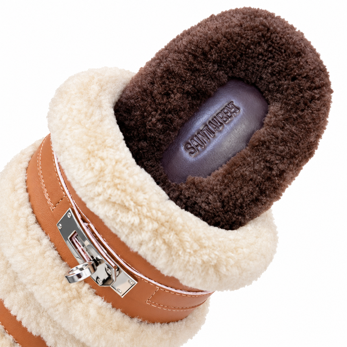 Hermès Cream Plush Slide Sandals with Tan Double Straps