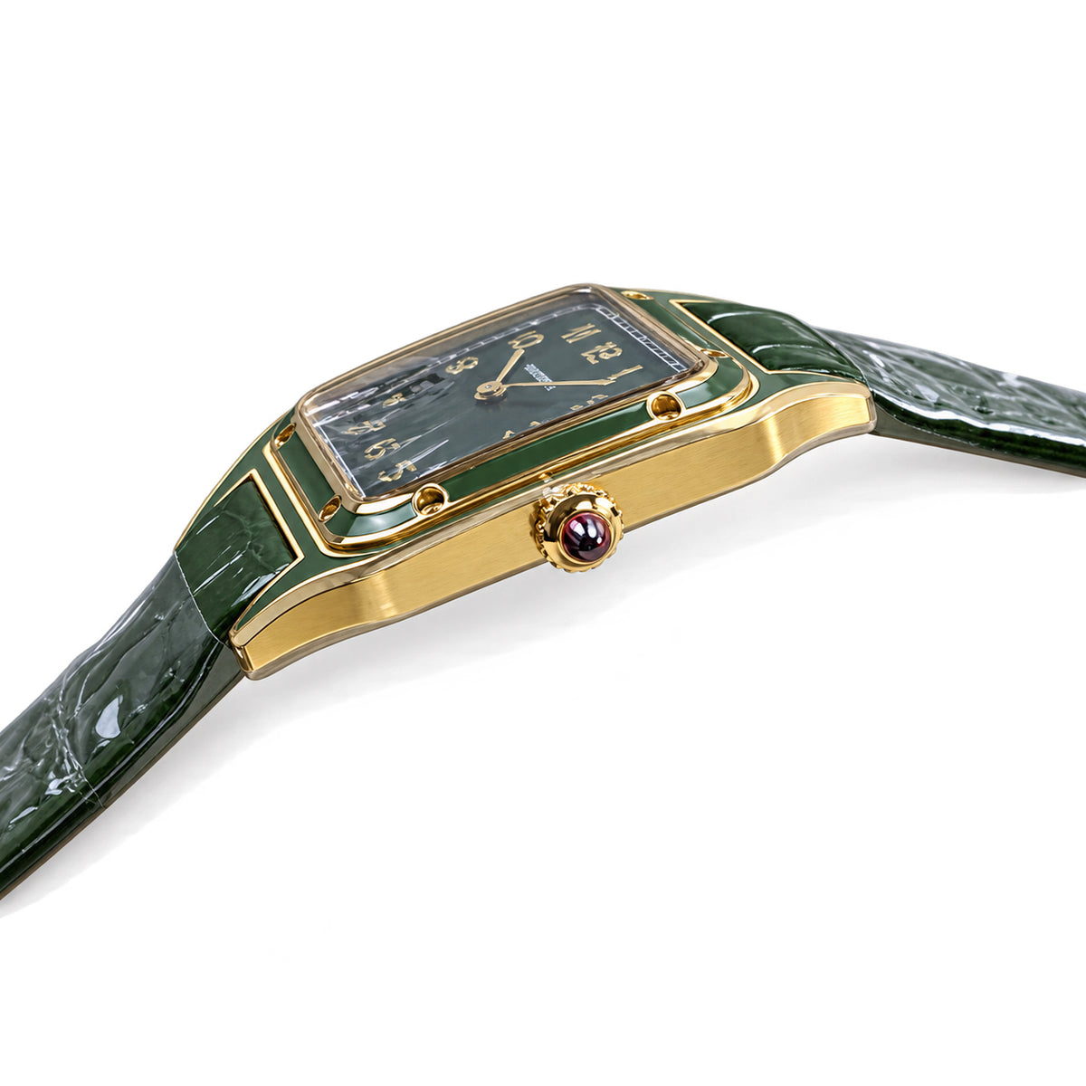 Cartier Santos-Dumont Yellow Gold PVD Green Lacquer Dial Green Alligator Strap Quartz Watch