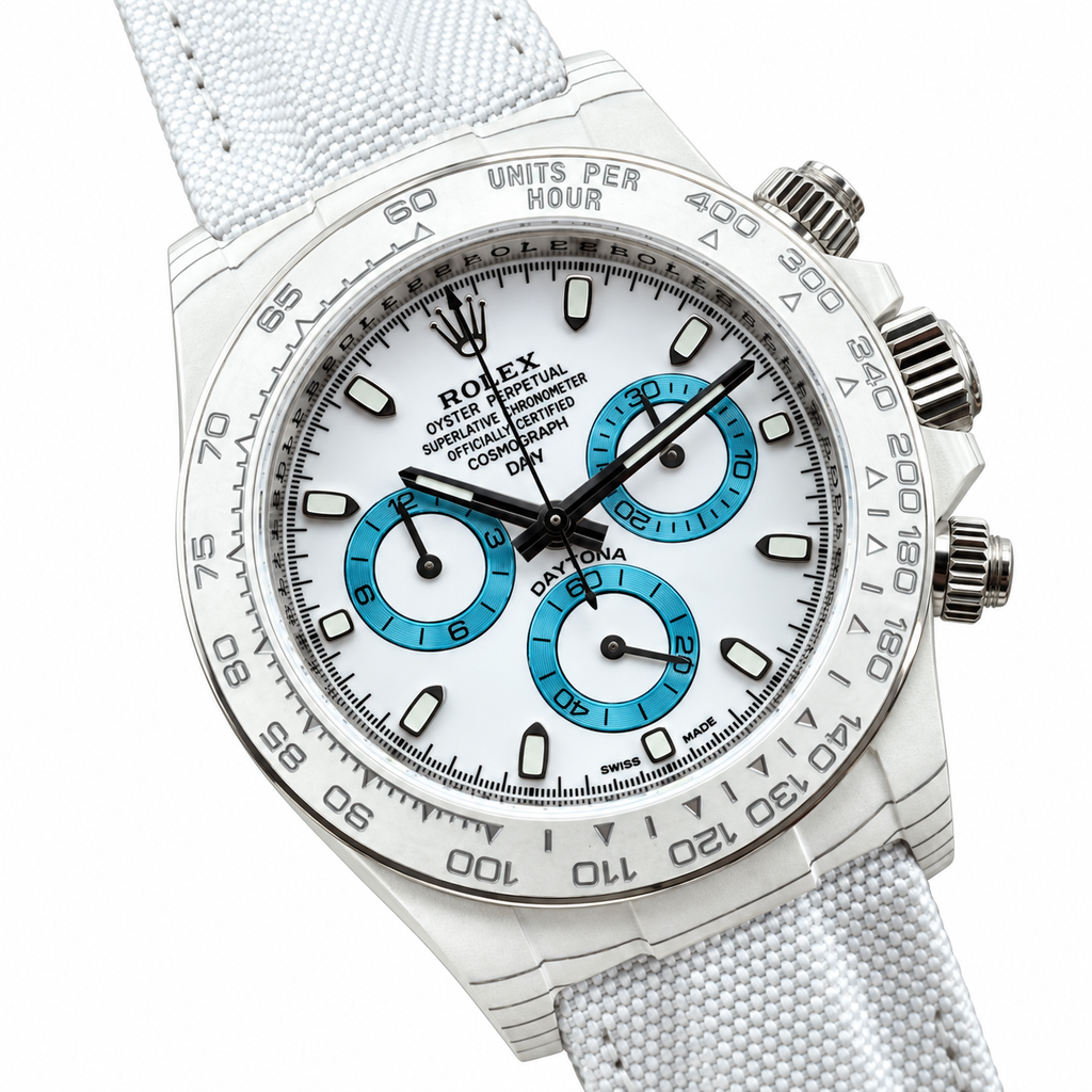 Rolex Daytona White Dial Blue Subdials Canvas Strap