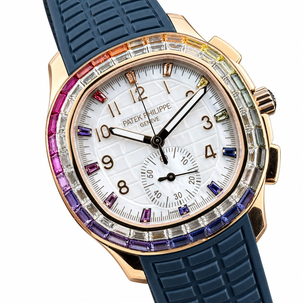 Patek Philippe Aquanaut Chronograph Rose Gold Rainbow Sapphire White MOP Navy Blue Strap 39.9mm