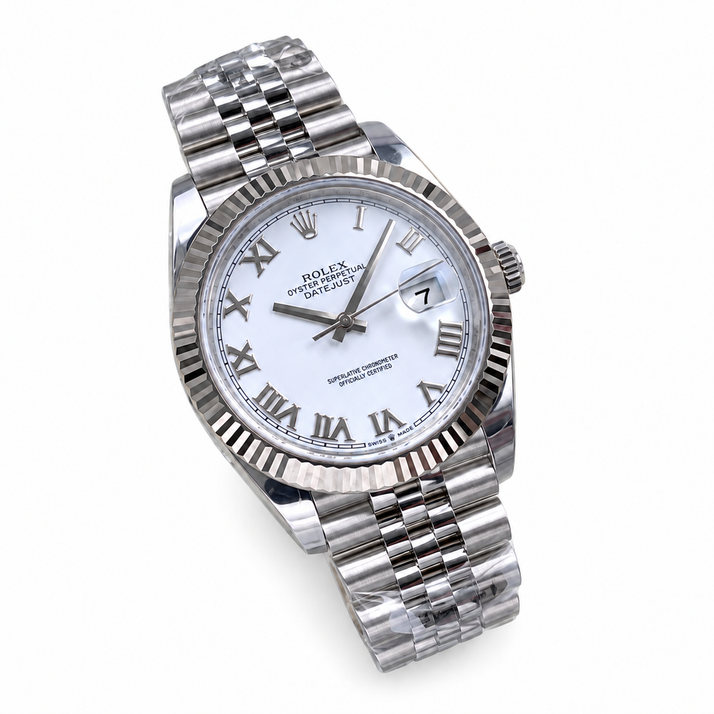 Rolex Datejust 41mm White Roman Dial Fluted Bezel Jubilee Bracelet Oystersteel