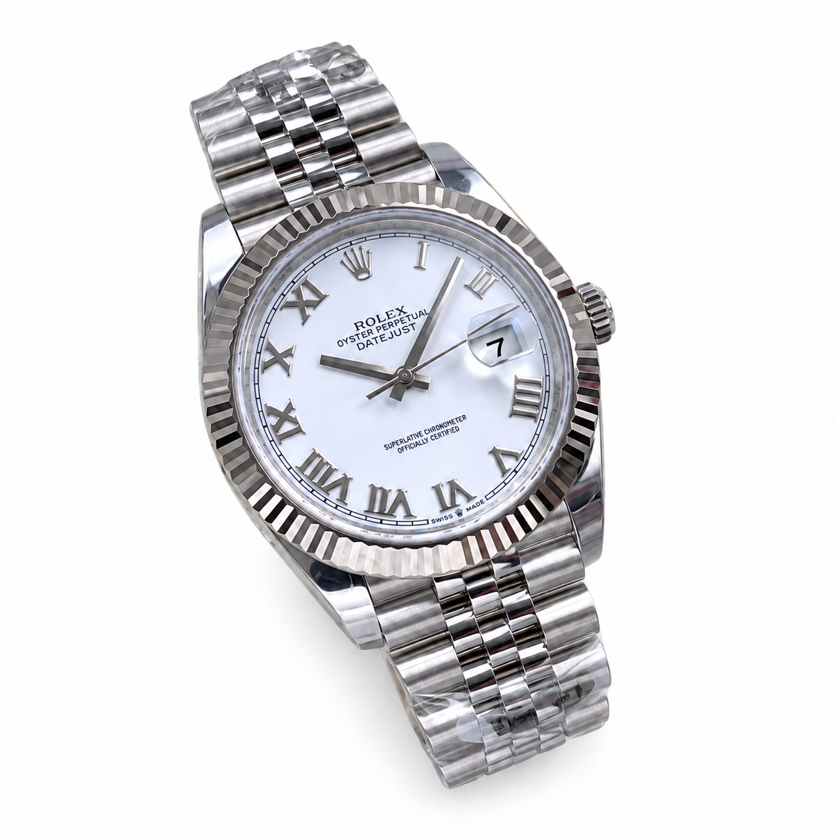 Rolex Datejust 41mm White Roman Dial Fluted Bezel Jubilee Bracelet Oystersteel