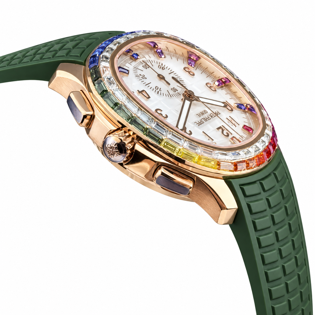 Patek Philippe Aquanaut Chronograph Rose Gold Rainbow Sapphire White MOP Forest Green Strap 39.9mm