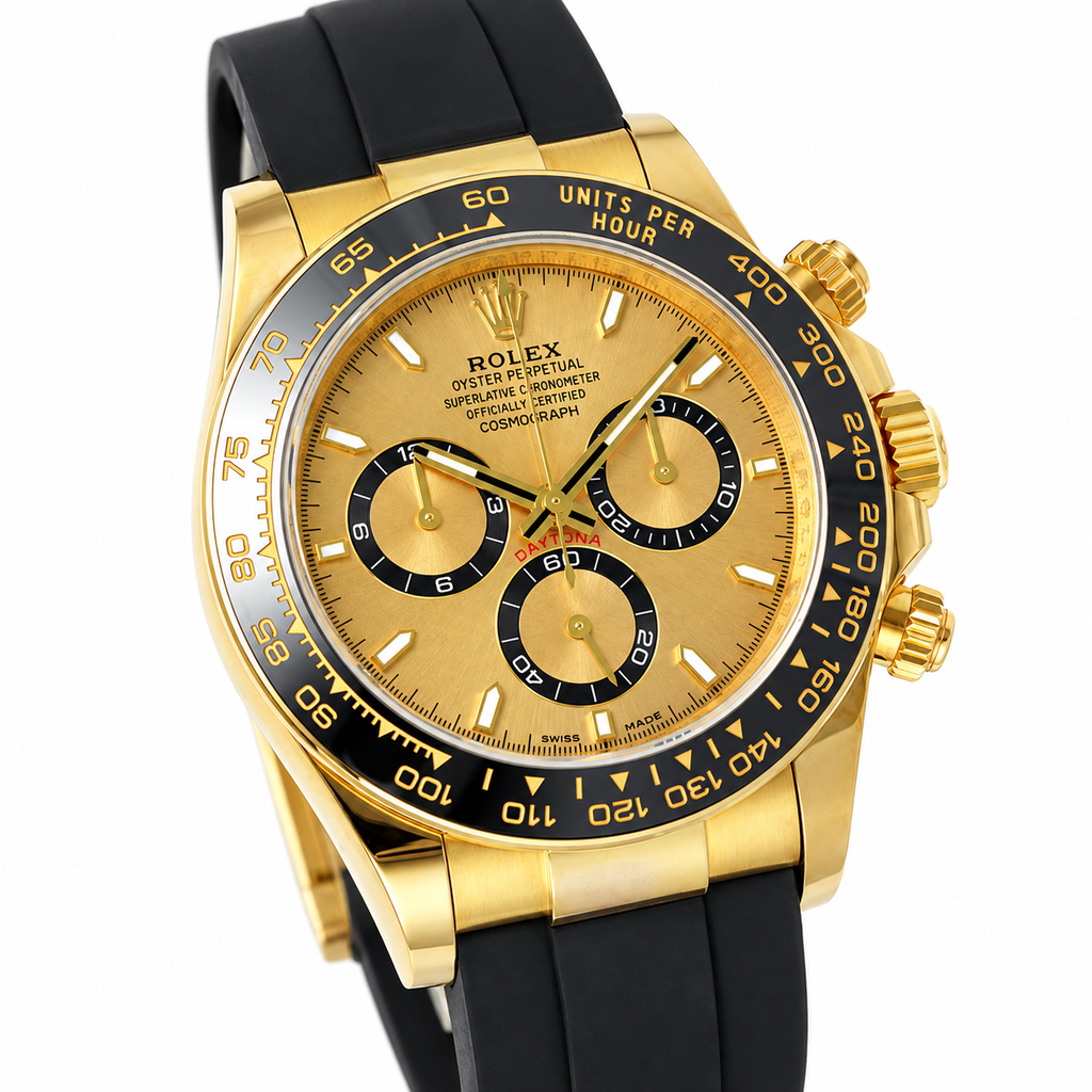 Rolex Cosmograph Daytona 18K Yellow Gold Black Ceramic Bezel Champagne Dial Oysterflex Watch 40mm