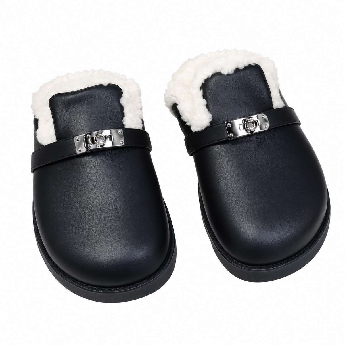 Hermès Black Mule Shoes with Cream Plush Trim