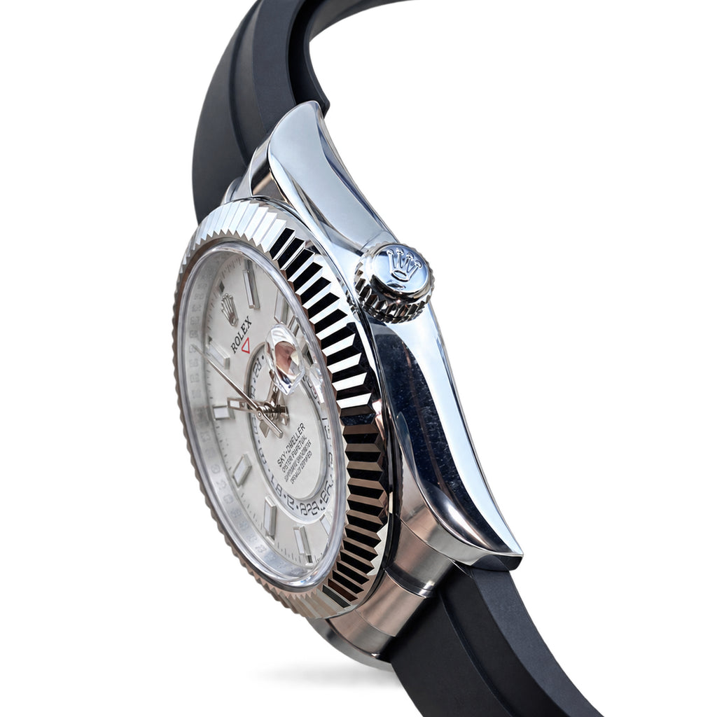 Rolex Sky-Dweller Oystersteel White Gold Fluted Bezel White Dial Oysterflex Watch