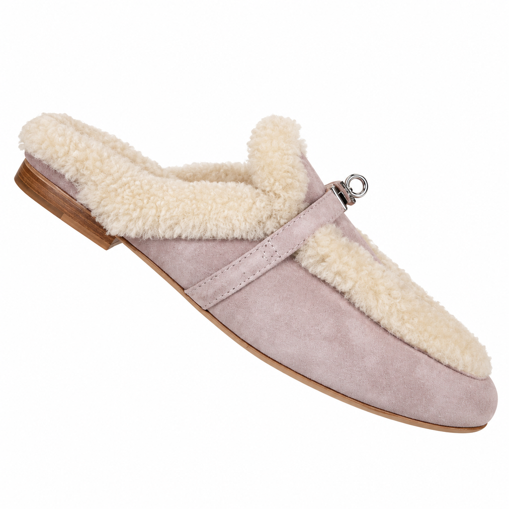 Hermès Pink Mules with Cream Plush Trim & Silver-Tone Hardware