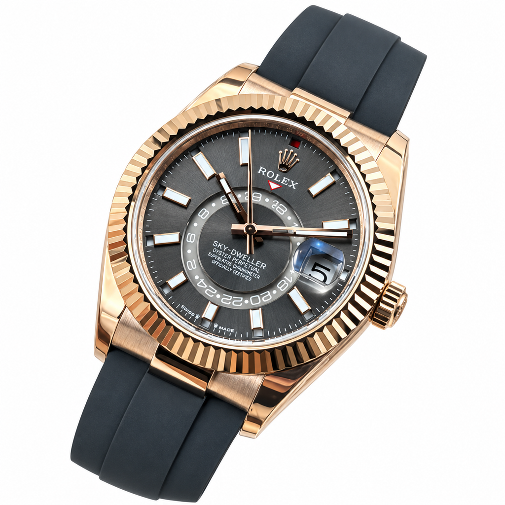Rolex Sky-Dweller Everose Gold Fluted Bezel Slate Dial Oysterflex Watch