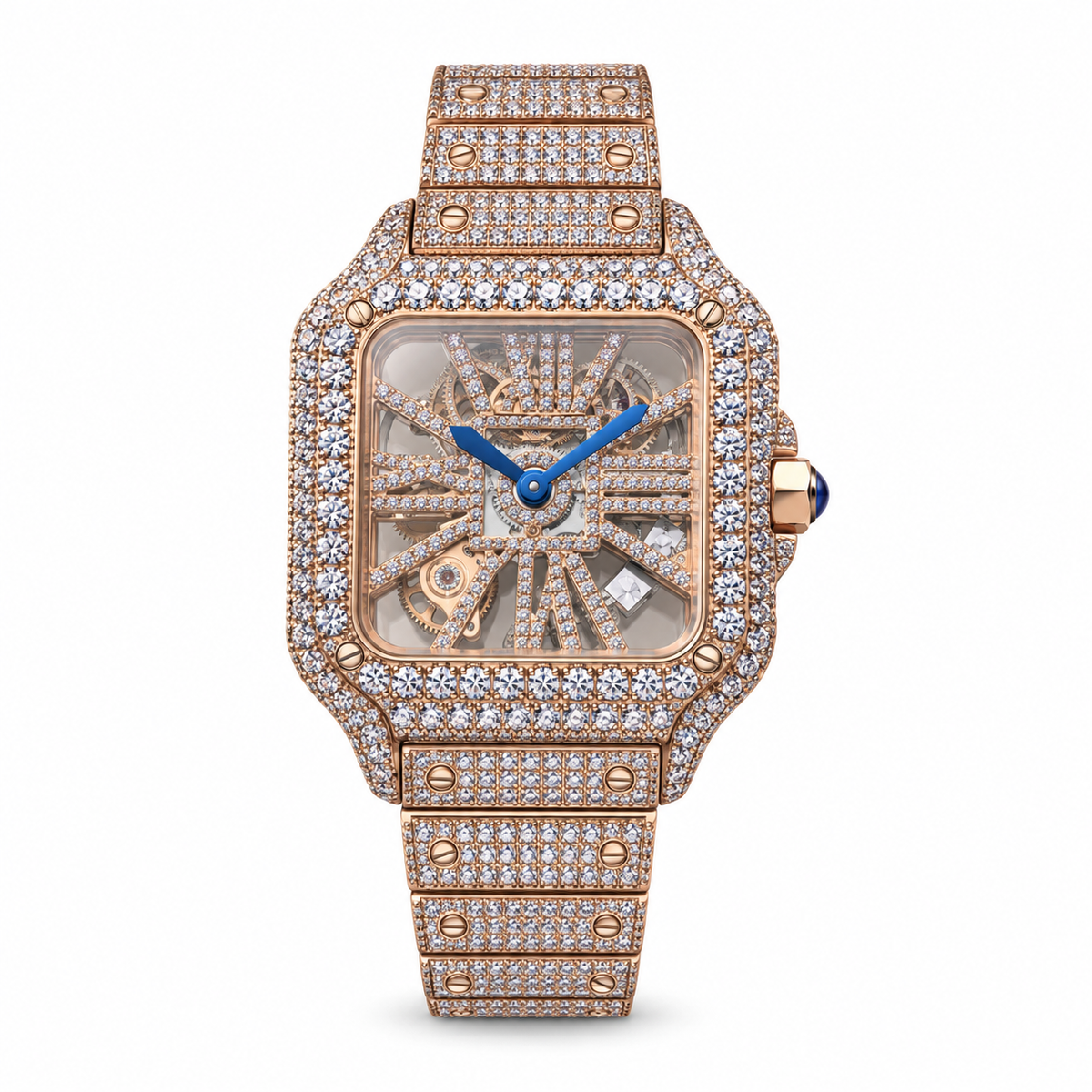 Cartier Santos de Cartier Iced Out Rose Gold Full Diamond Skeleton Dial Bracelet Watch
