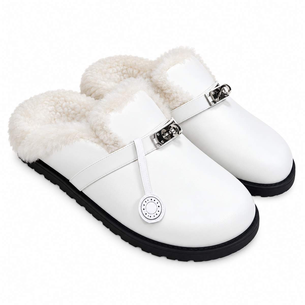 Hermès White Mule Shoes with Cream Plush Lining