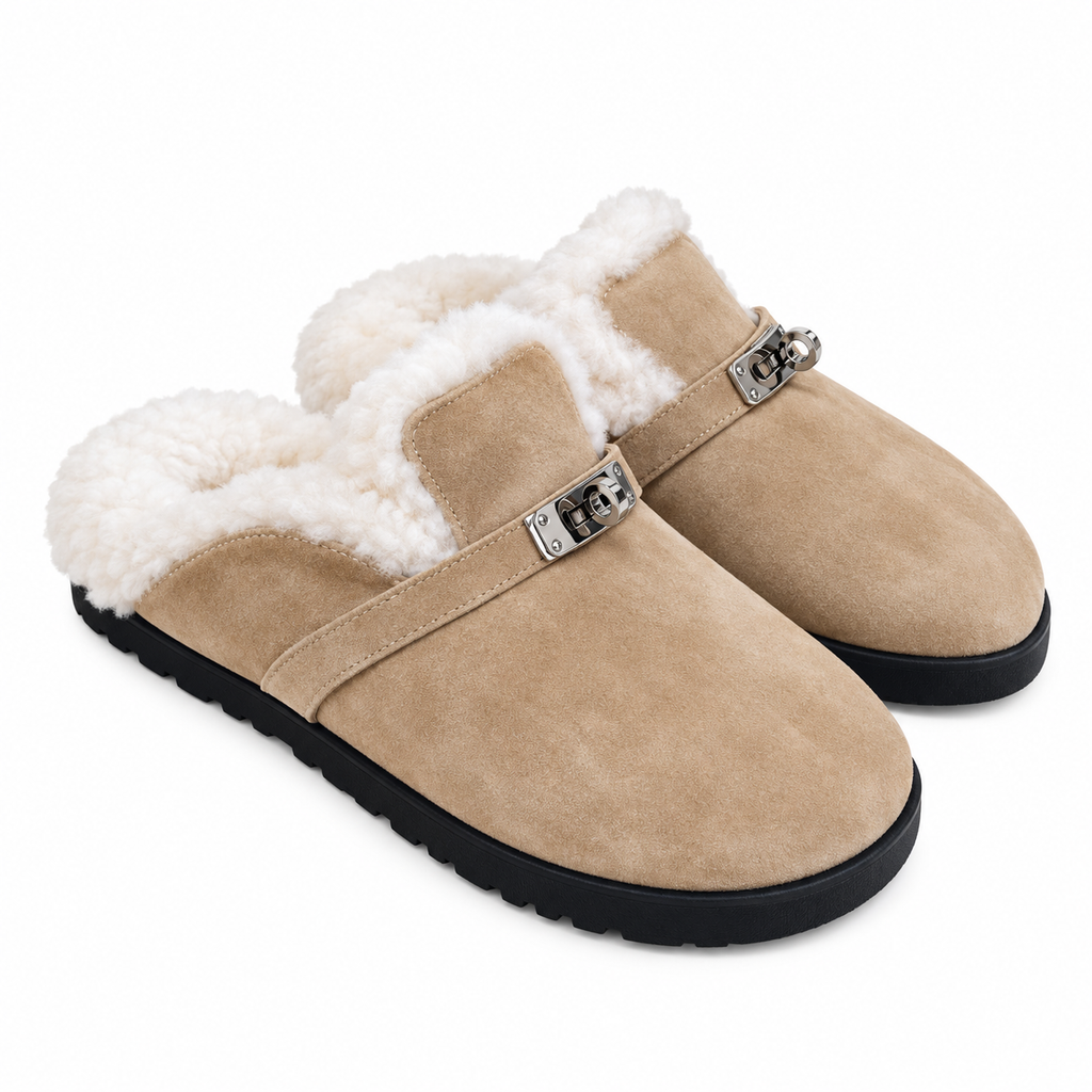 Hermès Beige Mule Shoes with Cream Plush Trim