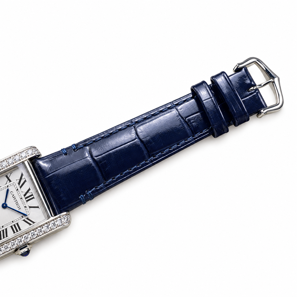 Cartier Tank MC Large Stainless Steel Full Diamond Bezel White Dial Blue Alligator Strap Watch