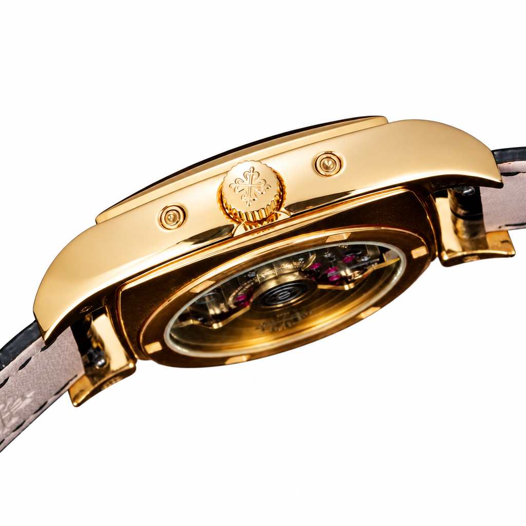 Patek Philippe Gondolo Tonneau Yellow Gold Moon Phase Day Date Month Silver Dial Black Strap 34mm