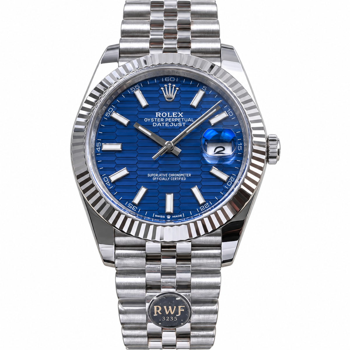 Rolex Datejust 41 Oystersteel White Gold Fluted Bezel Blue Motif Dial Jubilee Bracelet Watch