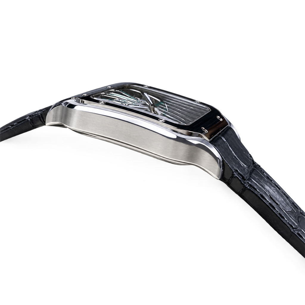 Cartier Santos de Cartier Large Stainless Steel Skeleton Green Roman Numeral Black Alligator Strap Automatic Watch
