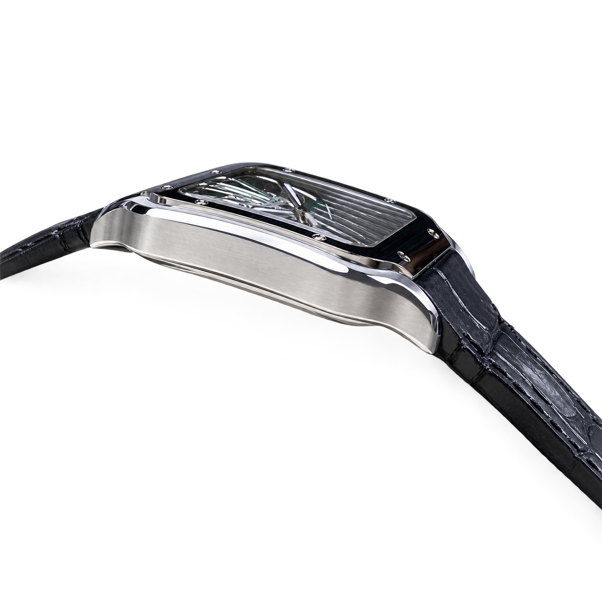 Cartier Santos de Cartier Large Stainless Steel Skeleton Green Roman Numeral Black Alligator Strap Automatic Watch
