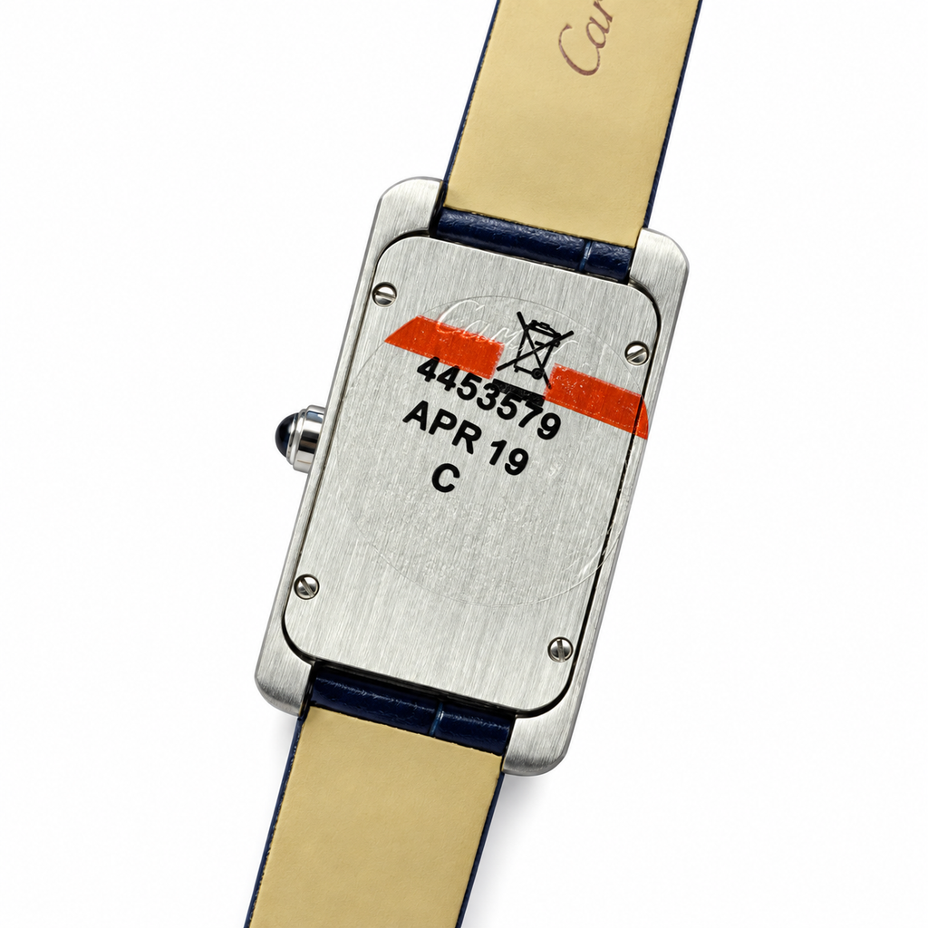 Cartier Tank Must Large Stainless Steel White Dial Blue Alligator Strap Watch
