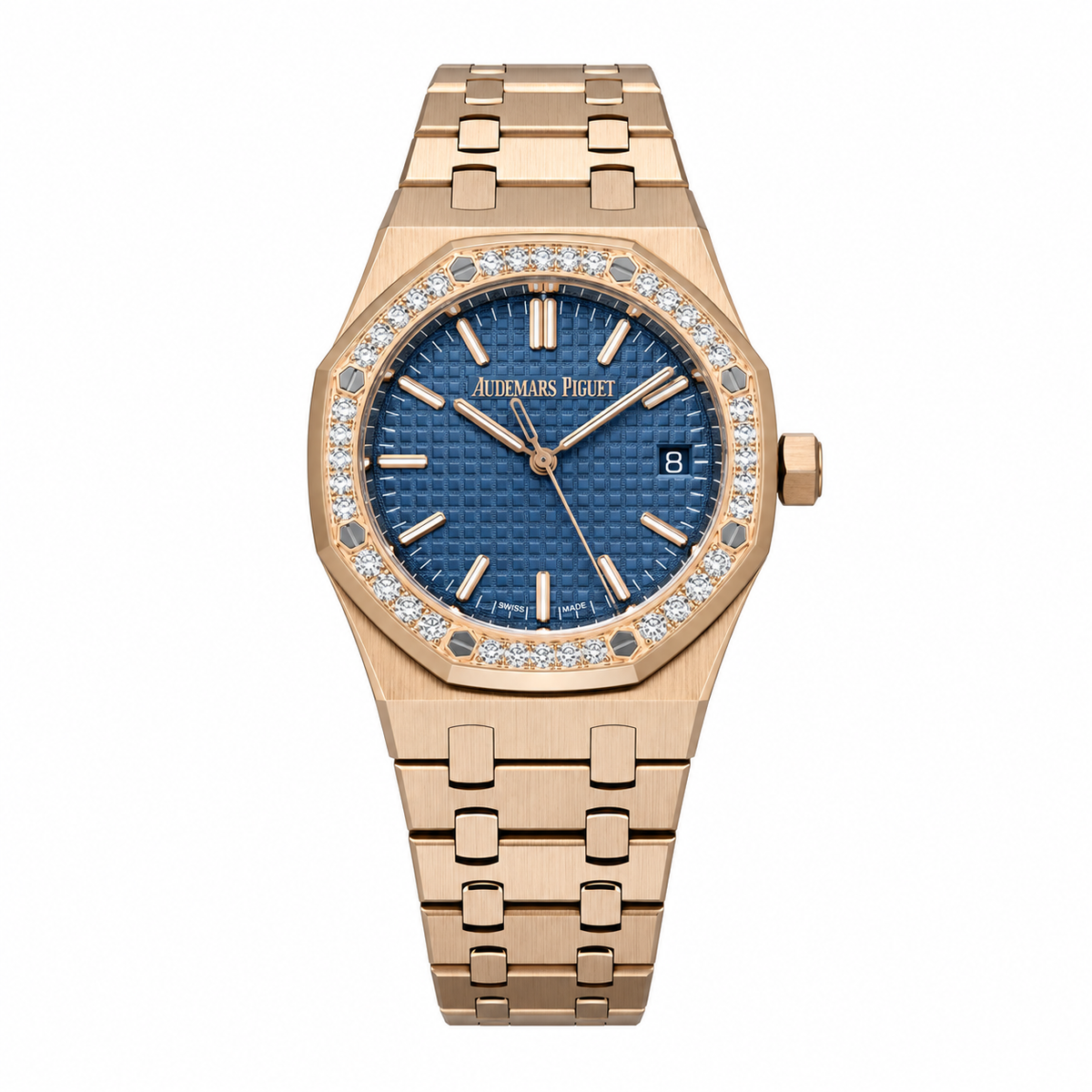 Audemars Piguet Royal Oak 18K Rose Gold Full Pavé Diamond Bezel Blue Tapisserie Petit-Carreaux Dial Date Integrated Rose Gold Bracelet Watch