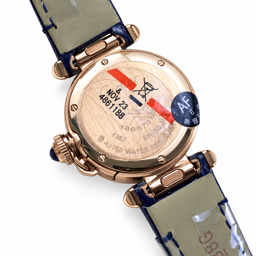 Cartier Pasha de Cartier 30mm 18k Rose Gold White Dial Blue Alligator Strap Quartz Watch