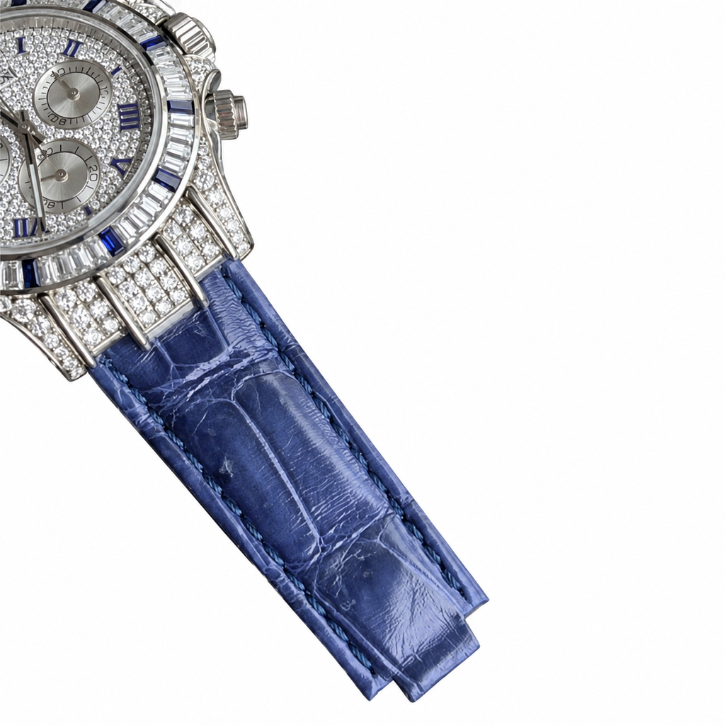 Rolex Cosmograph Daytona White Gold Diamond Pavé Blue Sapphire Bezel Blue Alligator Watch