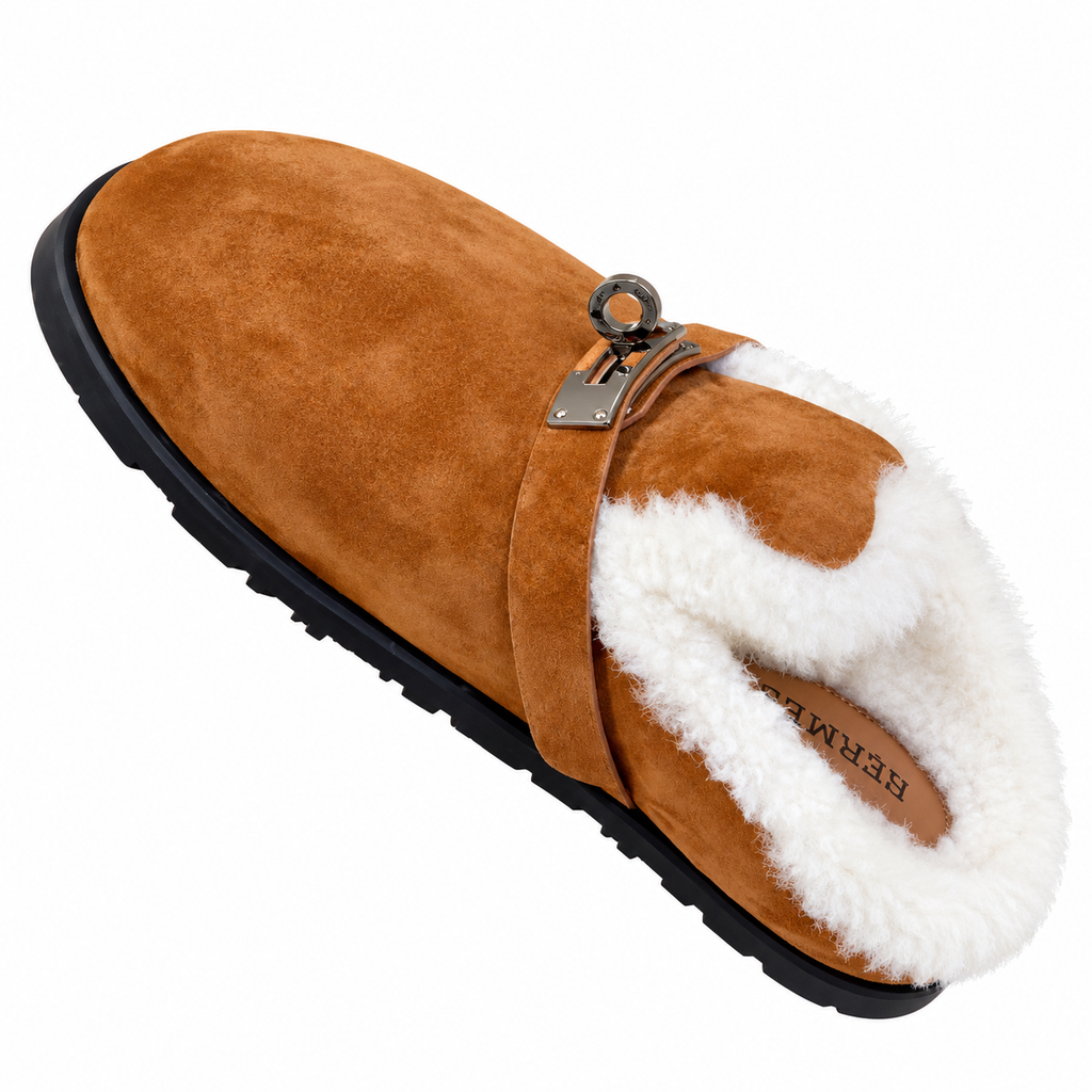 Hermès Tan Mule Shoes with Cream Plush Lining