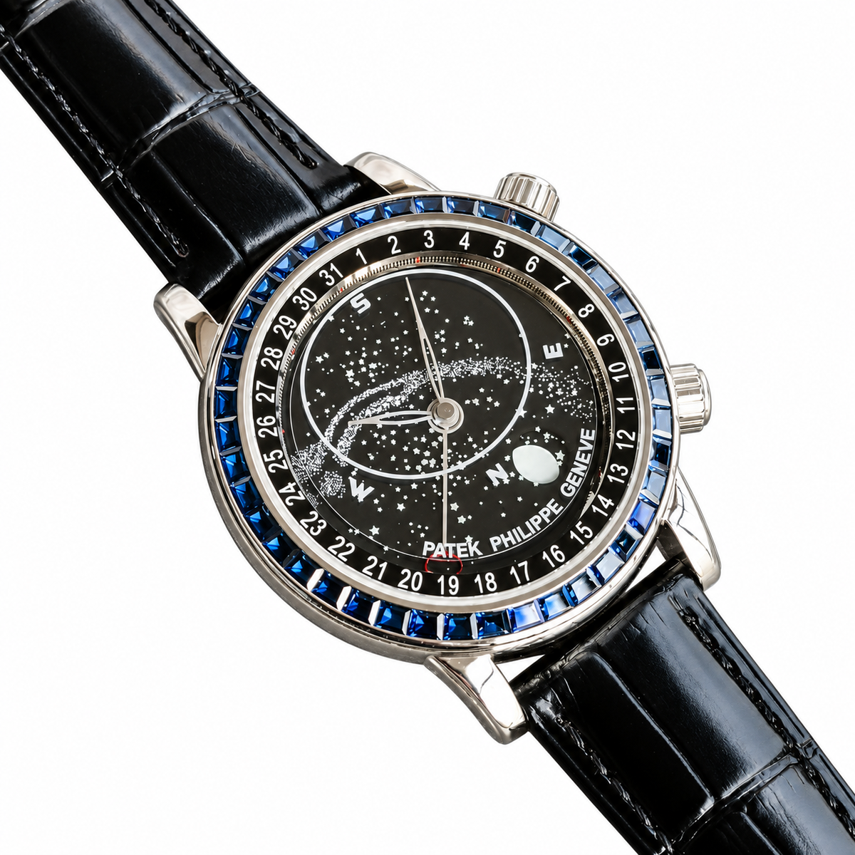 Patek Philippe Celestial White Gold Blue Sapphire Black Star Dial Moon Phase 44mm