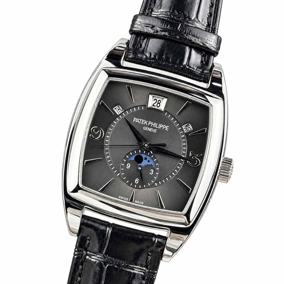 Patek Philippe Gondolo Calendario White Gold TV-Shaped Slate Grey Clous de Paris Dial Annual Calendar Moon Phase Small Seconds Black Strap 34mm