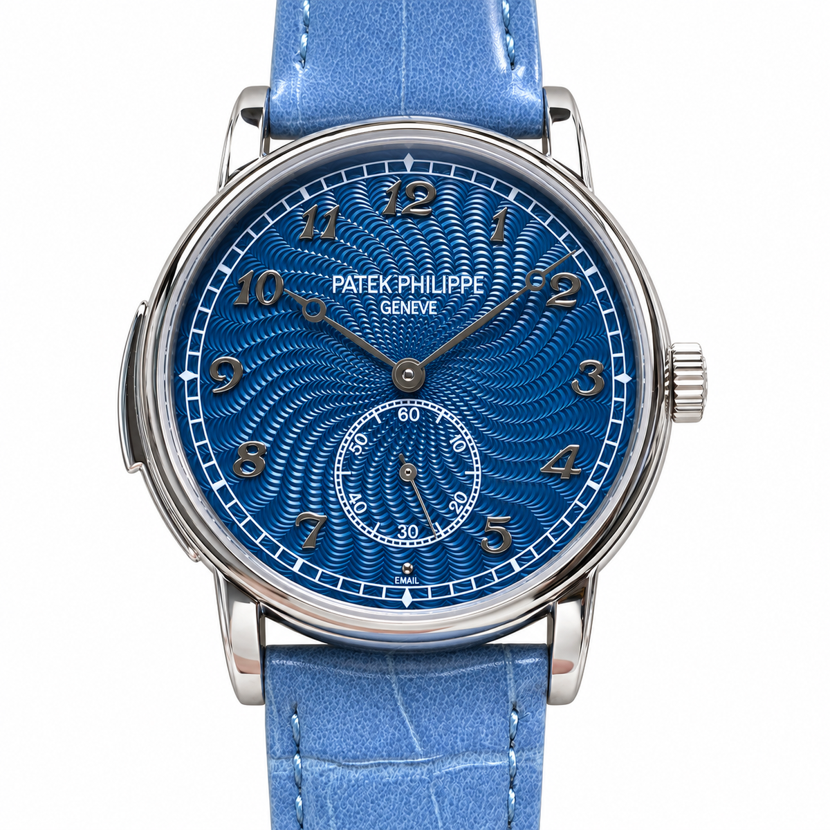 Patek Philippe Calatrava White Gold Blue Guilloché Enamel Dial Arabic Numerals Small Seconds Blue Strap 40mm