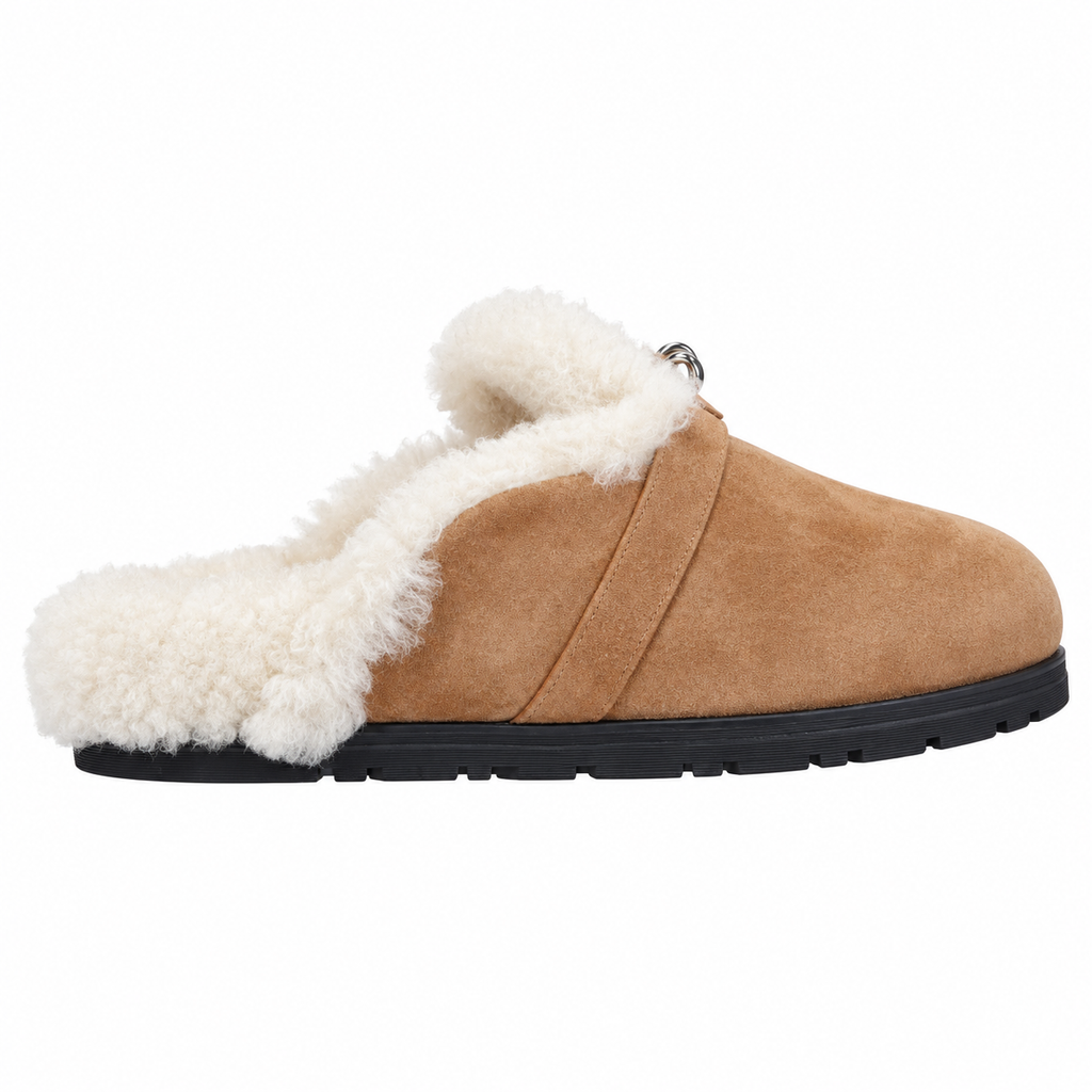 Hermès Camel Mule Shoes with Cream Plush Trim