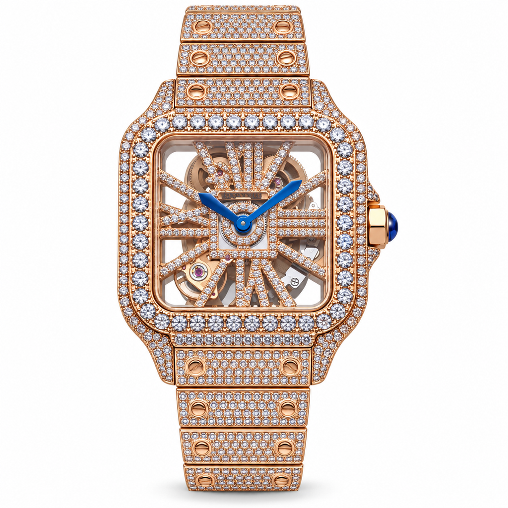 Cartier Santos de Cartier Iced Out Rose Gold Full Diamond Skeleton Dial Bracelet Watch